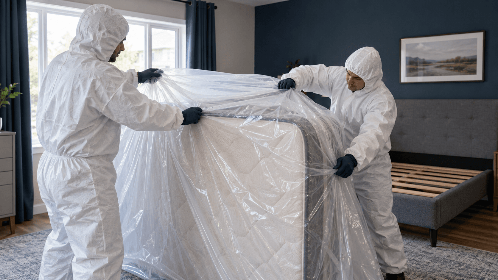 Illustrative removal workers in protective coveralls wrapping a mattress inside a bedroom